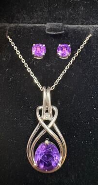 Sterling Silver Diamond Amethyst Necklace 14k/10k White Gold Mixed Earrings Set